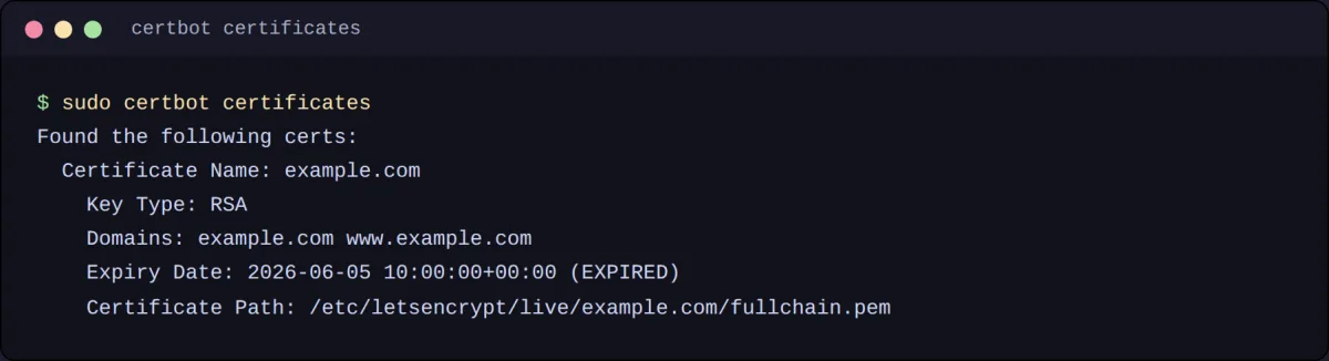 Вывод certbot certificates с истёкшим сертификатом